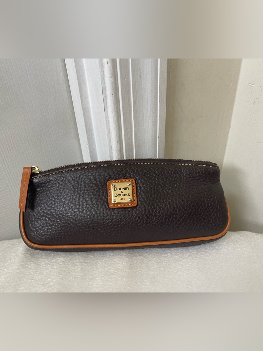 Dooney & Bourke Chocolate Brown Pebbled Leather Toiletry Pouch with Tan Trim